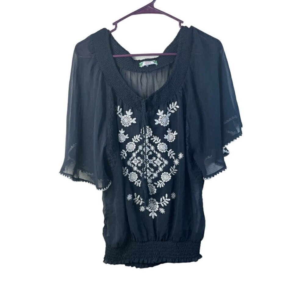 Flying Tomato Embroidered Peasant Top S Small Black Ivory Batwing Sleeve Sheer